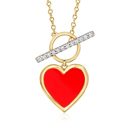 diamond and red enamel heart toggle necklace in 18kt gold over sterling
