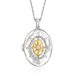 sterling silver and 18kt gold over sterling compass locket necklace with diamond accent