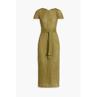 Belted plisse bamaboo and silk-blend midi dress