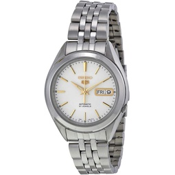 Seiko 5 SNKL17 Mens Stainless Steel White Dial Gold Index Day Date Automatic Watch