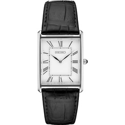 SEIKO Essentials Watch for Men - Essentials Collection - Water Resistant with Stainless Steel Rectangular Case and Leather Strap