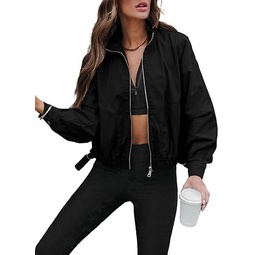 SHEWIN Womens Casual Long Sleeve Zip Up Bomber Jacket Crop Coat Outerwear with Pockets