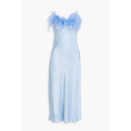 Feather-embellished satin midi slip dress