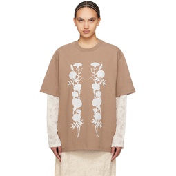 Brown White Foliage Long Sleeve T Shirt 241699F110006