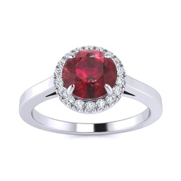 1 carat round shape ruby and halo diamond ring in 14 karat white gold