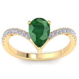 2 carat pear shape emerald and diamond ring in 14k yellow gold