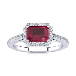 1 1/3 carat ruby and halo diamond ring in 14 karat white gold