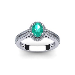 1 1/4 carat oval shape emerald and halo diamond ring in 14 karat white gold