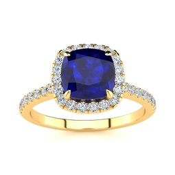 2 carat cushion cut sapphire and halo diamond ring in 14k yellow gold