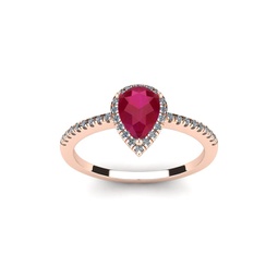 1 carat pear shape ruby and halo diamond ring in 14 karat rose gold