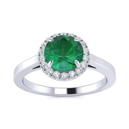 1 carat round shape emerald and halo diamond ring in 14 karat white gold