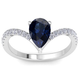 2 carat pear shape sapphire and diamond ring in 14k white gold