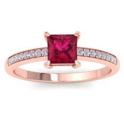 1 1/4 carat princess cut ruby and diamond ring in 14k rose gold
