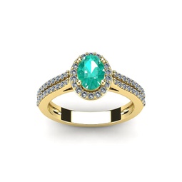 1 1/4 carat oval shape emerald and halo diamond ring in 14 karat yellow gold