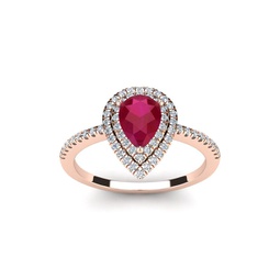 1 carat pear shape ruby and double halo diamond ring in 14 karat rose gold