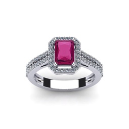 1 1/2 carat octagon shape created ruby and halo diamond ring in sterling silver