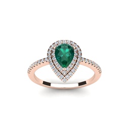 1 carat pear shape emerald and double halo diamond ring in 14 karat rose gold