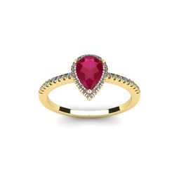 1 carat pear shape ruby and halo diamond ring in 14 karat yellow gold