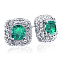 2 3/4 carat cushion cut emerald and diamond earrings in sterling silver