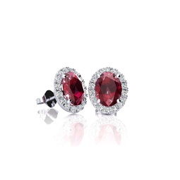 1 1/4 carat oval shape ruby and halo diamond stud earrings in 14 karat white gold