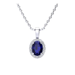 1 3/4 carat oval shape sapphire and halo diamond necklace in 14 karat white gold with 18 inch chain