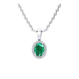 9/10 carat oval shape emerald necklaces with diamond halo in 14 karat white gold, 18 inch chain i-j, i1-i2