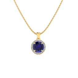 1 carat round shape sapphire and halo diamond necklace in 14 karat yellow gold