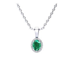 1/2 carat oval shape emerald necklaces with diamond halo in 14 karat white gold, 18 inch chain i-j, i1-i2
