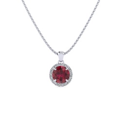 1 carat round shape ruby and halo diamond necklace in 14 karat white gold