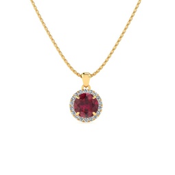 1 carat round shape ruby and halo diamond necklace in 14 karat yellow gold