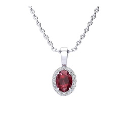1 carat oval shape ruby and halo diamond necklace in 14 karat white gold with 18 inch chain