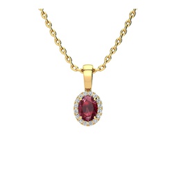 0.62 carat oval shape ruby and halo diamond necklace in 14 karat yellow gold with 18 inch chain