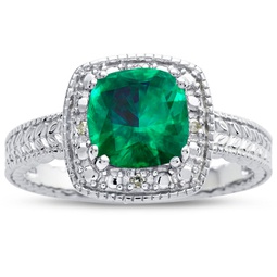 1 1/4 carat cushion cut created emerald and halo diamond ring in sterling silver