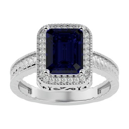 2 3/4 carat emerald shape created sapphire and diamond ring in sterling silver