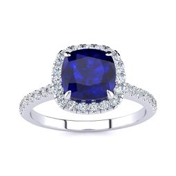 2 carat cushion cut created sapphire and halo diamond ring in sterling silver