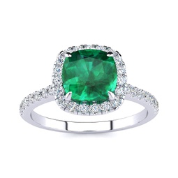 2 carat cushion cut created emerald and halo diamond ring in sterling silver