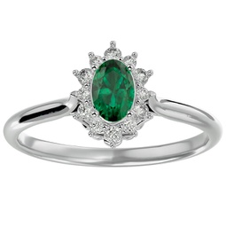2/3 carat oval shape created emerald and halo diamond ring in sterling silver