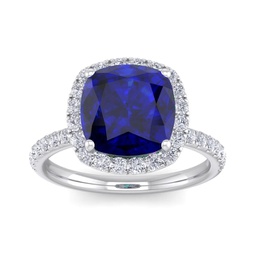5 1/2 carat cushion cut created sapphire and halo diamond ring in sterling silver