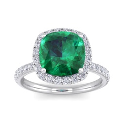 5 1/2 carat cushion cut created emerald and halo diamond ring in sterling silver