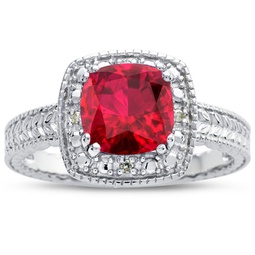 1 1/4 carat cushion cut created ruby and halo diamond ring in sterling silver