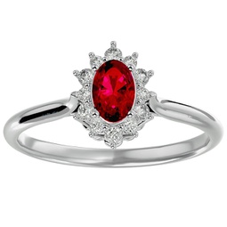 2/3 carat oval shape created ruby and halo diamond ring in sterling silver