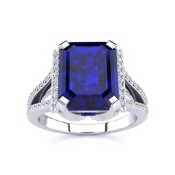 4 carat emerald shape created sapphire and diamond ring in sterling silver