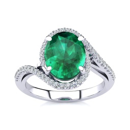 2 3/4 carat oval shape created emerald and halo diamond ring in sterling silver