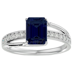 1 3/4 carat emerald shape created sapphire and diamond ring in sterling silver