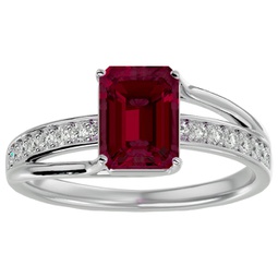 1 3/4 carat emerald shape created ruby and diamond ring in sterling silver