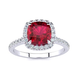 2 carat cushion cut created ruby and halo diamond ring in sterling silver