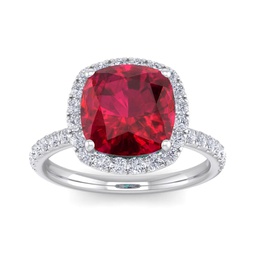 5 1/2 carat cushion cut created ruby and halo diamond ring in sterling silver