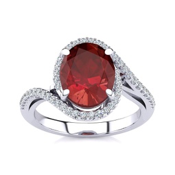 2 3/4 carat oval shape created ruby and halo diamond ring in sterling silver