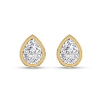 lab grown 1 carat pear shaped bezel set solitaire diamond earrings in 14k yellow gold