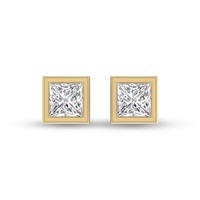 lab grown 1/2 carat princess cut bezel set solitaire diamond earrings in 14k yellow gold